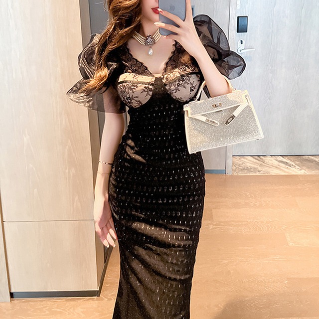 【夕暮薔薇シリーズ】ワンピース セクシー Vネック レース 魅せられる ブラック S M L XL