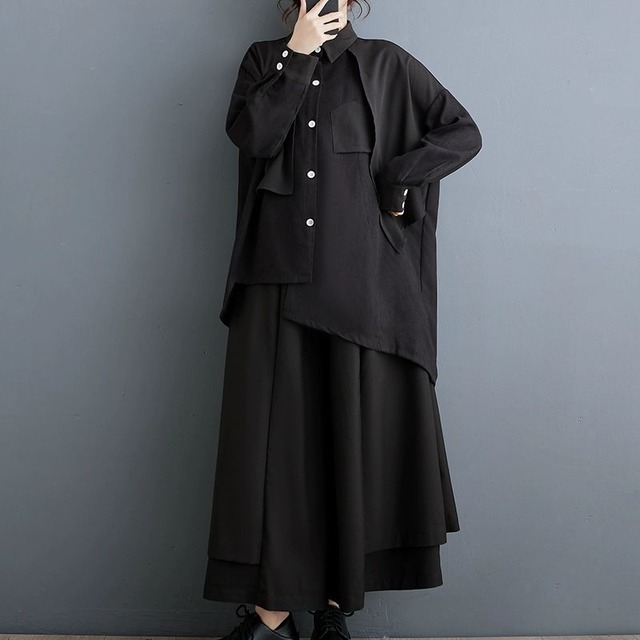 BLACK FLAP TRIMMED LONG SLEEVES DESIGN SHIRT 1color M-8960