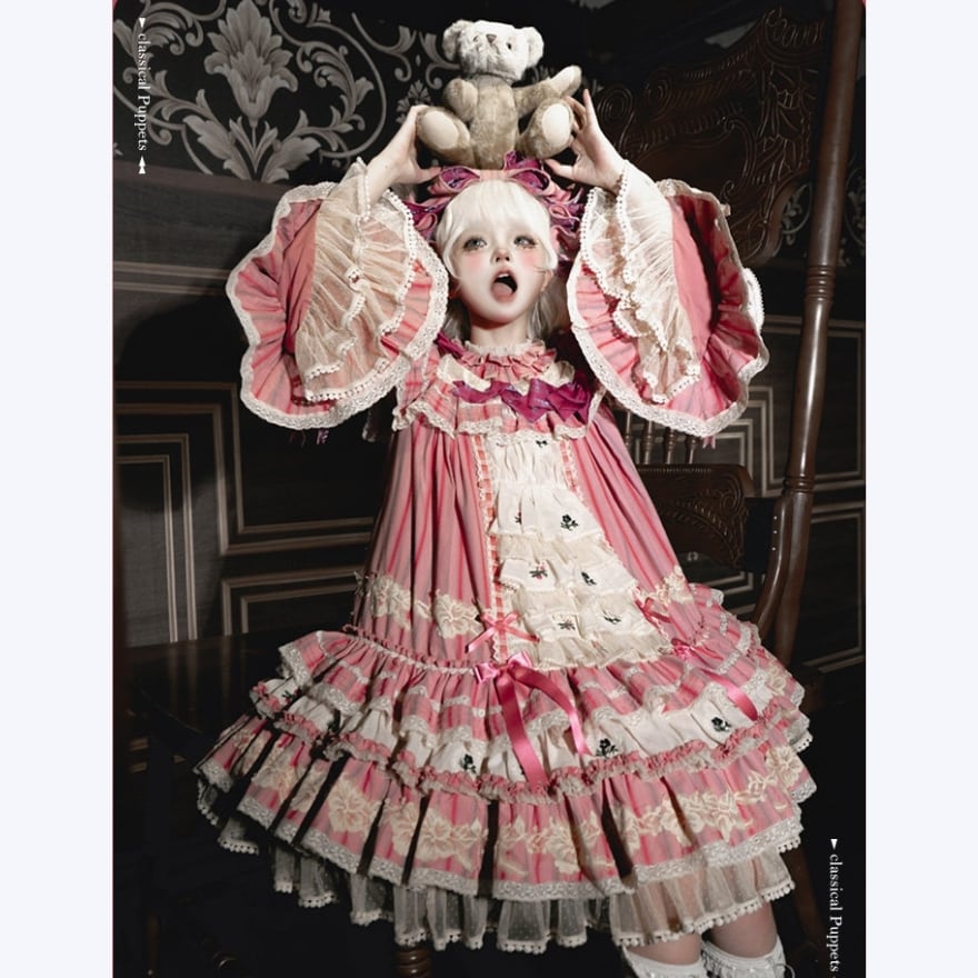 薔薇模様ストライプ×重厚フリル クラシカルロリィタ フルセットドレス