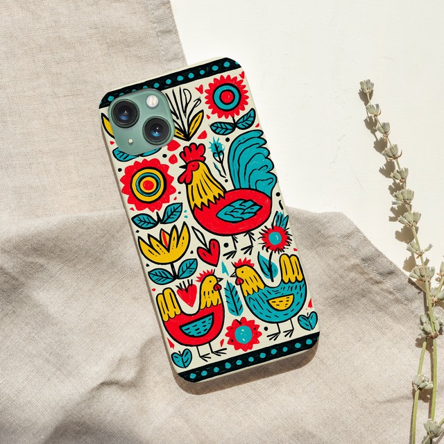 受注生産 iPhoneケース 鳥と花のカラフル民芸柄｜鳥モチーフ PSYF012C