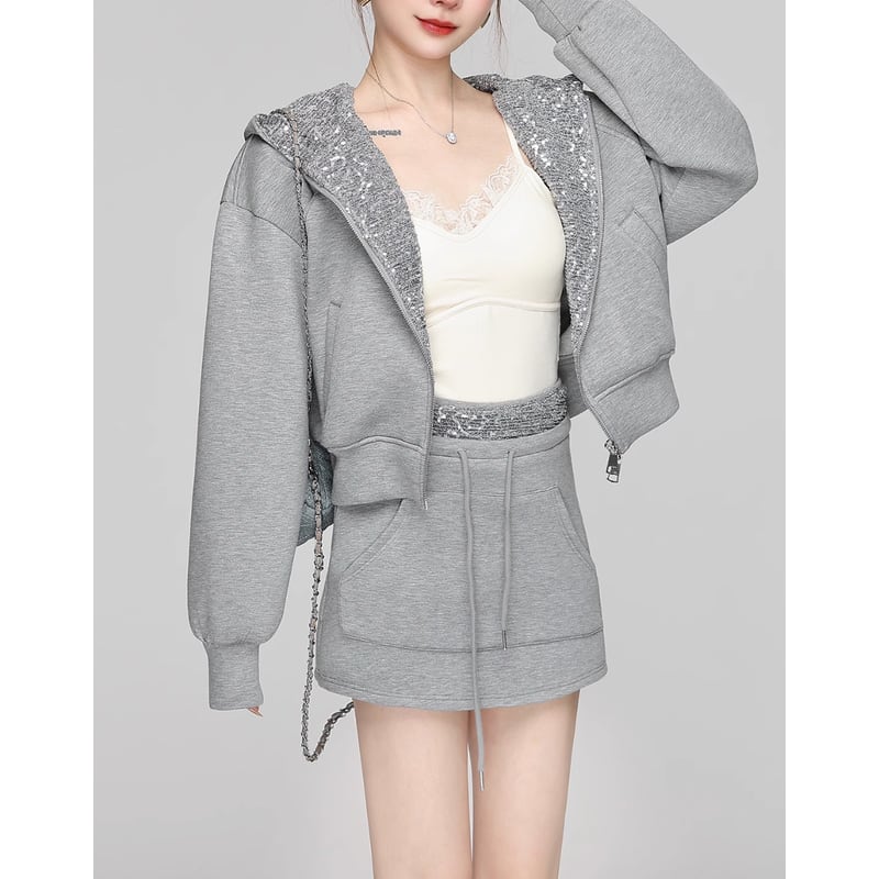 hooded zip-up parka & mini skirt set up la1347