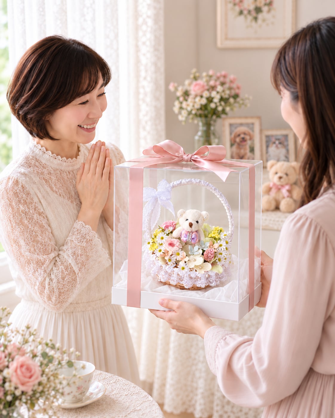 フラワーアレンジ｜うちの子と楽しむ花かご【AR-014】｜パステルフラワー｜ペットのいる暮らし｜ギフト｜ミニベア｜横15㎝ 高さ約18cm