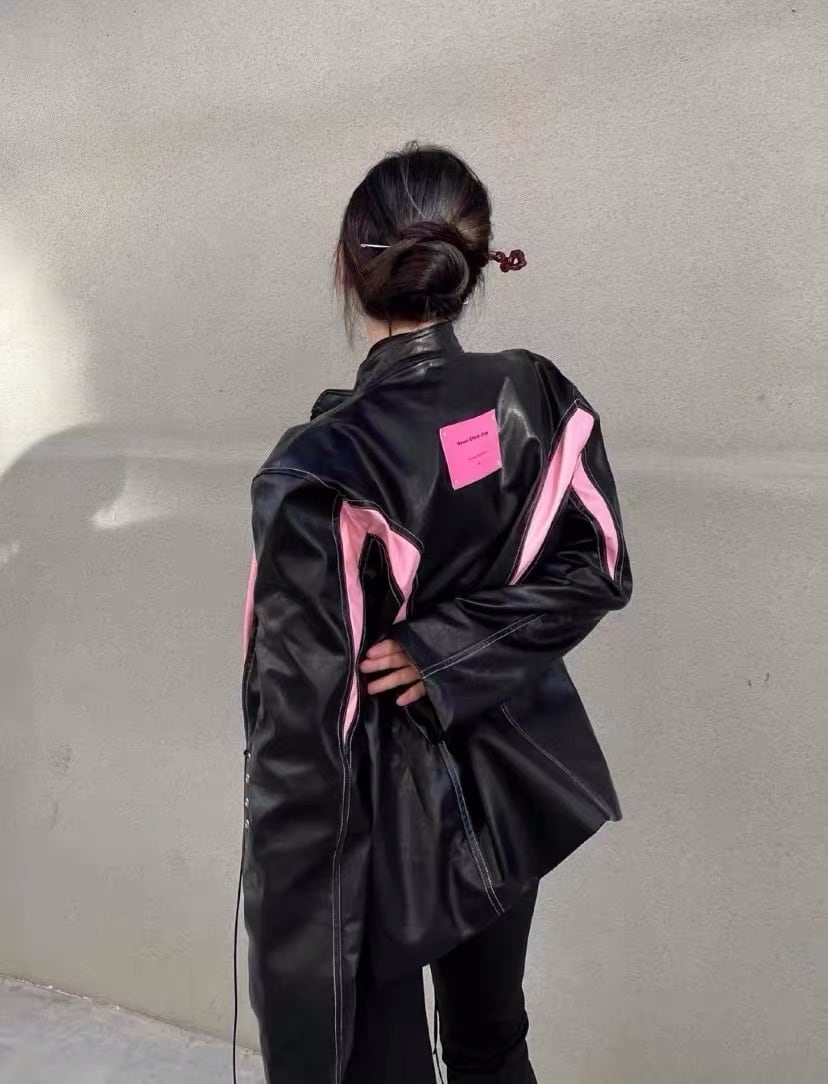 ジャケット 黒 ピンク 革ジャン レザー風 ジャケット ピンク アウター
