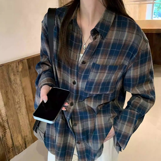 チェック柄 ボタンフロント ヒップ丈 長袖 シャツ 1color ATO0117