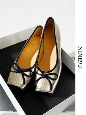 square-toe ribbon metallic ballet-shoes 2color【NINE7772】