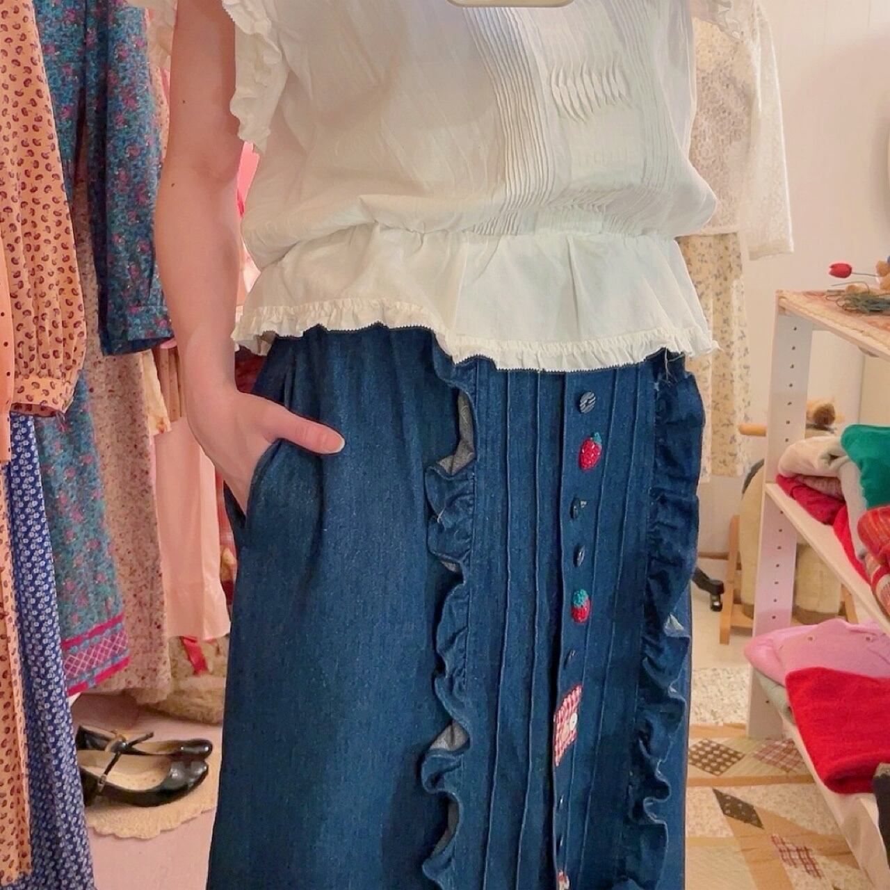 remake ✂︎ strawberry picking denim frill skirt