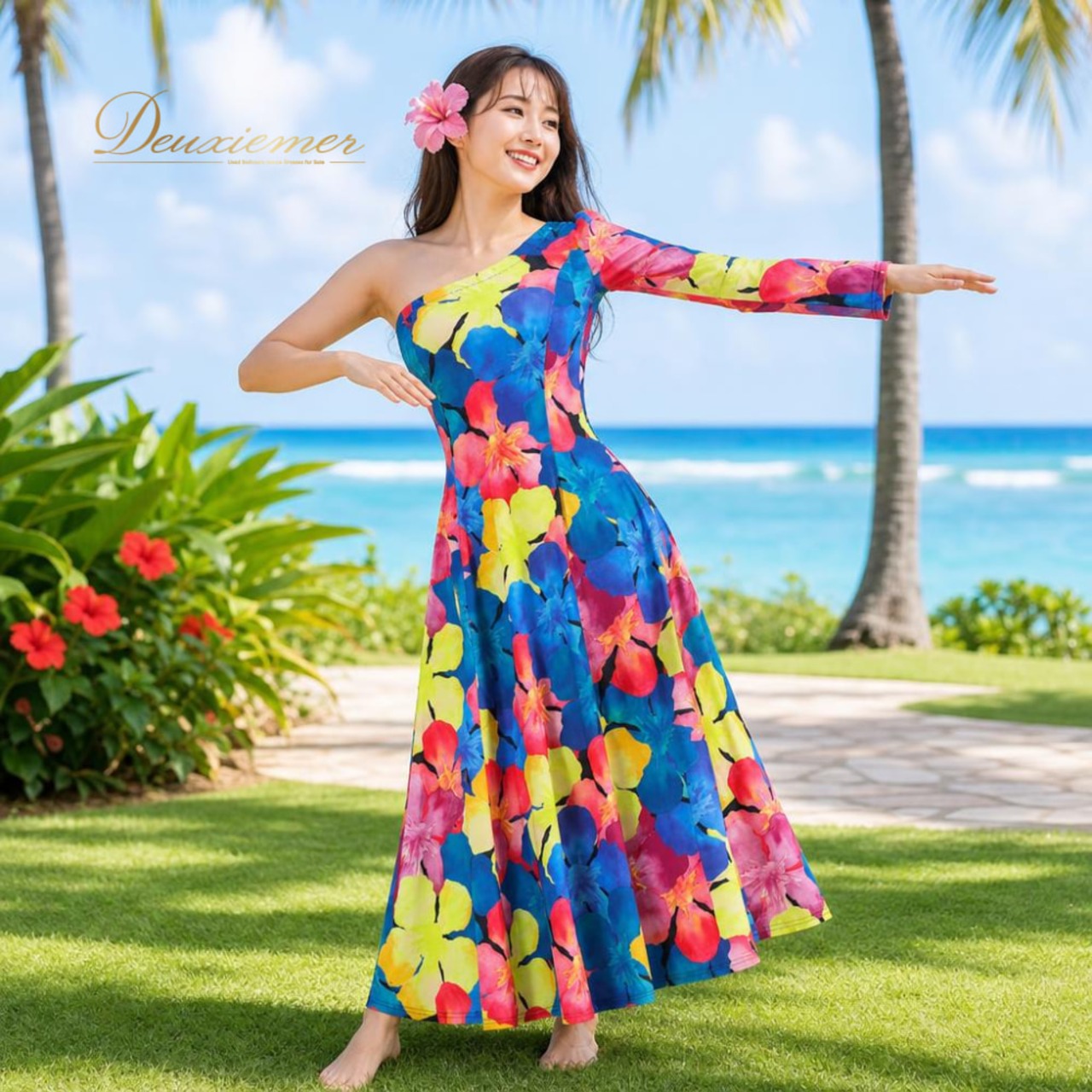 フラダンス 衣装 AREMITI アレミティ ワンピース ドレス ピンク系 花 花柄 ワンショルダー 華やか タヒチアン フラ ダンス 伸縮 ストレッチ カラフル 青 黄 紫 袖 ハワイアン アロハ 総柄 かわいい ブルー系 イエロー系 パープル系