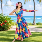 フラダンス 衣装 AREMITI アレミティ ワンピース ドレス ピンク系 花 花柄 ワンショルダー 華やか タヒチアン フラ ダンス 伸縮 ストレッチ カラフル 青 黄 紫 袖 ハワイアン アロハ 総柄 かわいい ブルー系 イエロー系 パープル系