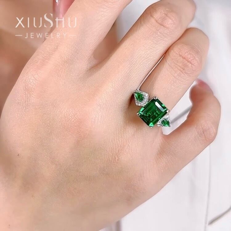 人工グリーントルマリン エメラルドカット 高炭素ダイヤモンド