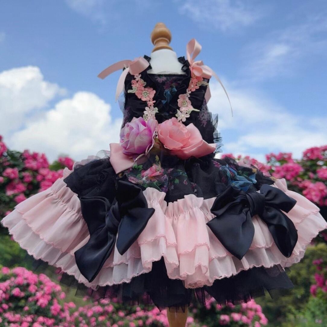 ブラックリボンとローズのフリルドレス 00125