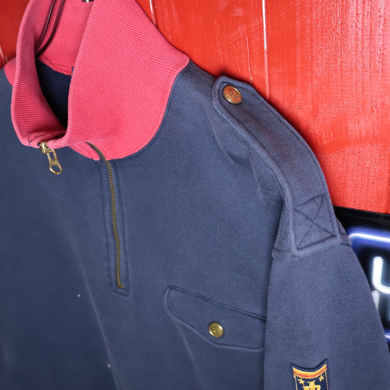 90s POLO RALPH LAUREN ハーフジップスウェット 赤×ネイビー エポレット 金ボタン
