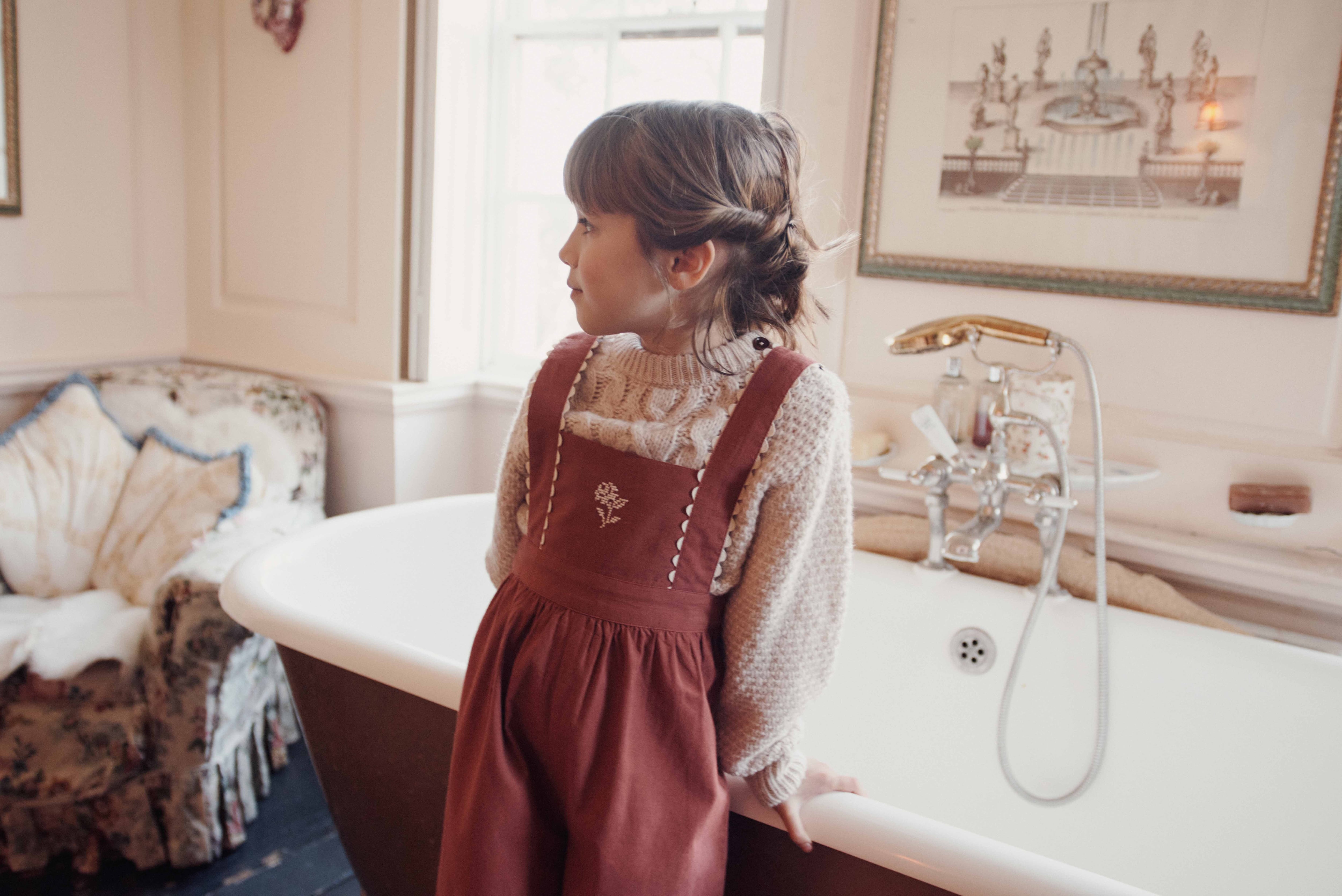 【Emile et Ida】Overalls – Terracotta Embroidered Flower
