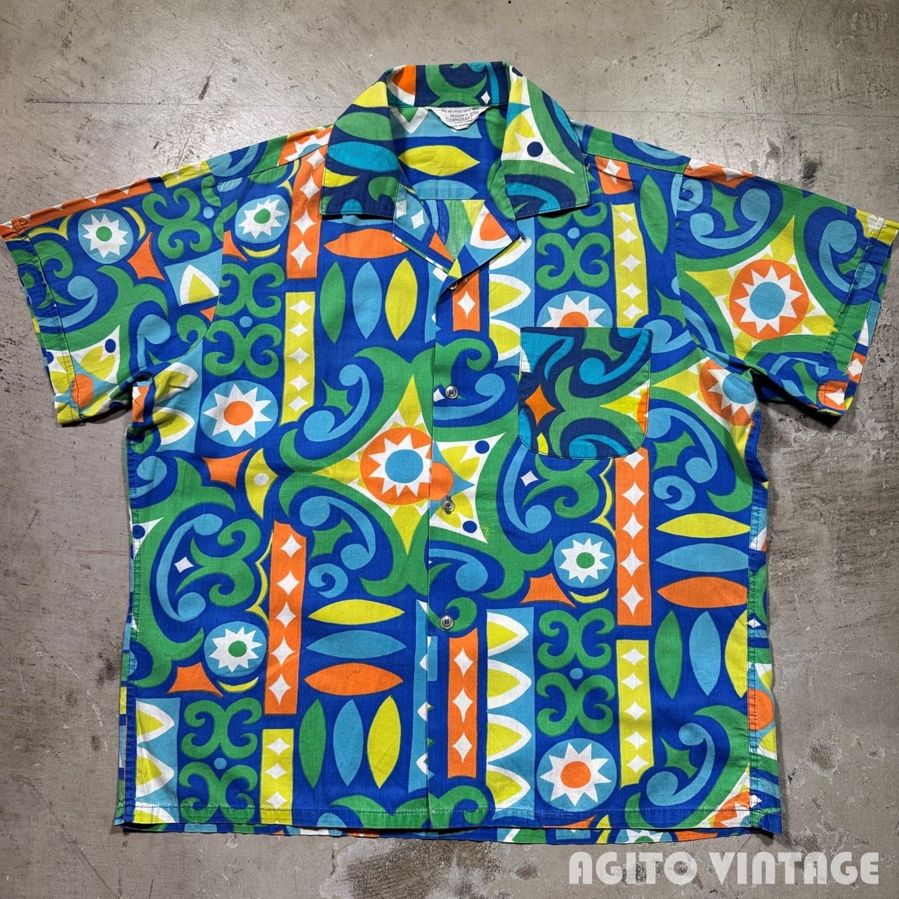 60's PENNEY'S TOWNCRAFT S/S プリントコットンオープンカラーシャツ ぺニーズ タウンクラフト 開襟 SURF ヒッピー Lサイズ 希少 ヴィンテージ BA-2974 RM3395H