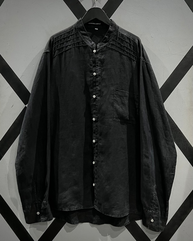 【X VINTAGE】Pleats Design Vintage L/S Mao Collar Linen Shirt
