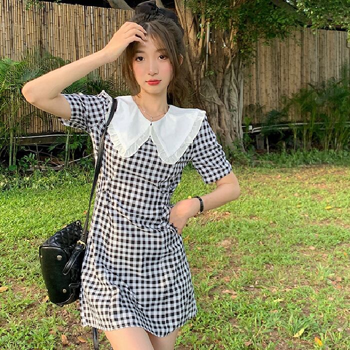 【新作】【送料無料】 脂肪 mm2022 新しい夏スタイルのレトロなチェック柄人形の襟レースアップウエスト痩身小さな新鮮なインターネットセレブドレス女性のための 028678790097