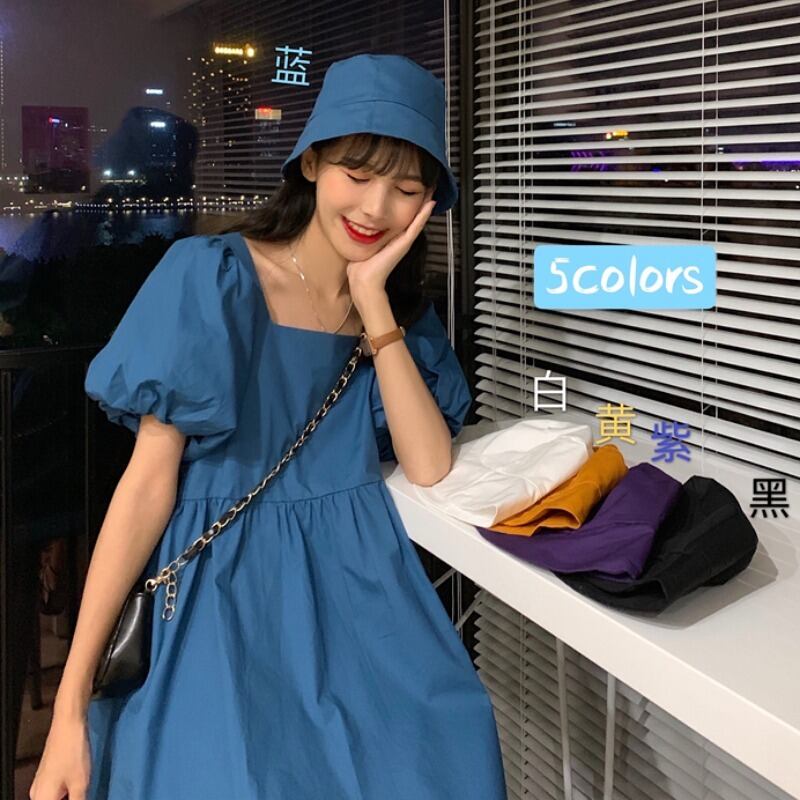 ブルースカート女性2020新夏優しい風パフスリーブドレスウエストスリミングスクエアカラードールスカート 1号婦人80167549976