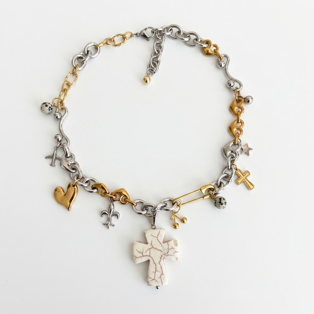 CERAMIC CROSS MIX CHARM NECKLACE - STAINLESS