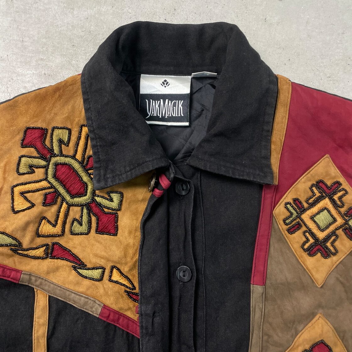 ヴィンテージ YAK MAGIK コットンカバーオール レザー切替 レディースM 