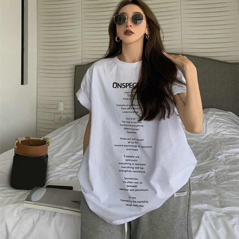 スタイルTシャツ シャツ 薄手サマーロングラウンドネックルーズホワイト かわいい 夏物 Oネック YY-ファッション42986863470