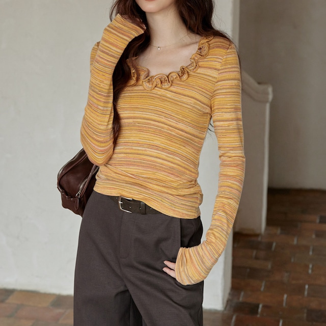 frilled neck border t-shirt