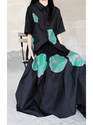 Green floral abstract print pleated loose long skirt [T2947]
