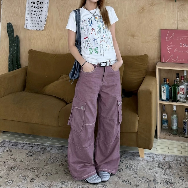 コントラストステッチワイドシルエットカーゴパンツ 2col R02455