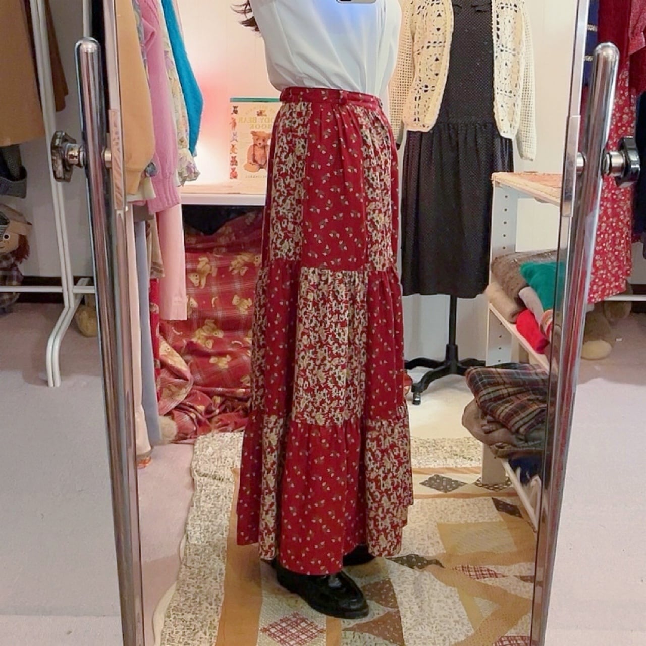 red flower patchwork tiered skirt