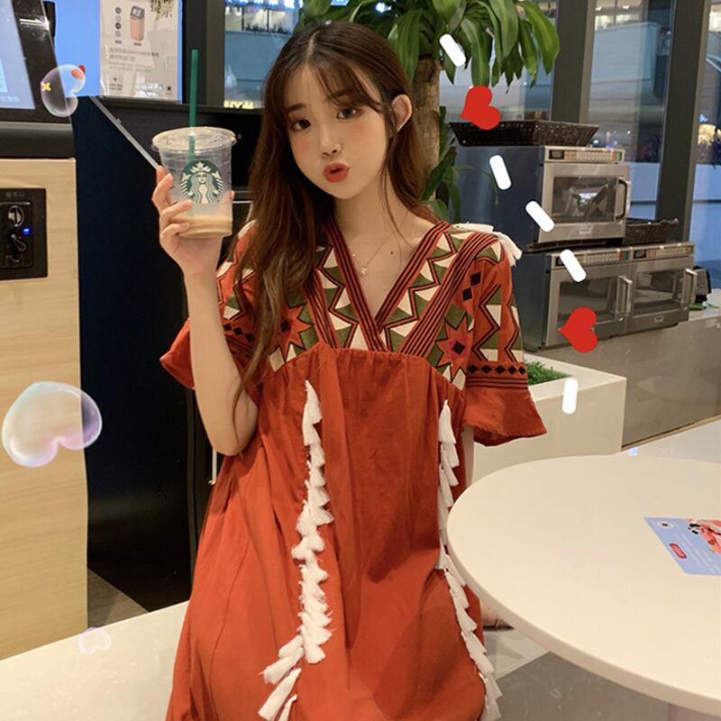 サマースタイルスタンダードVネックスカート 刺繍エスニックルーズドレス レディース レトロ 夏物 萌量不足61292596602