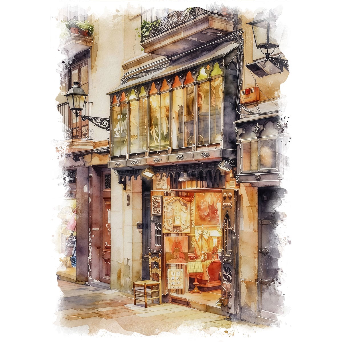 切り絵アート　スペインの街並み　海外風景画　貼り絵　額装　花のある街角 絵画 風景画(街並み) スペイン バルセロナ ゴシック地区にある店
