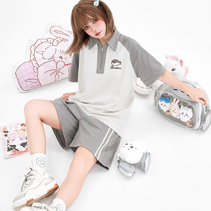 半袖トップス ショートパンツ ゆるキャラ刺繍 ポロネック セットアップ