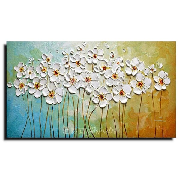 １パネル 立体的な白いお花たち Lサイズ 油彩画 インテリア モダン