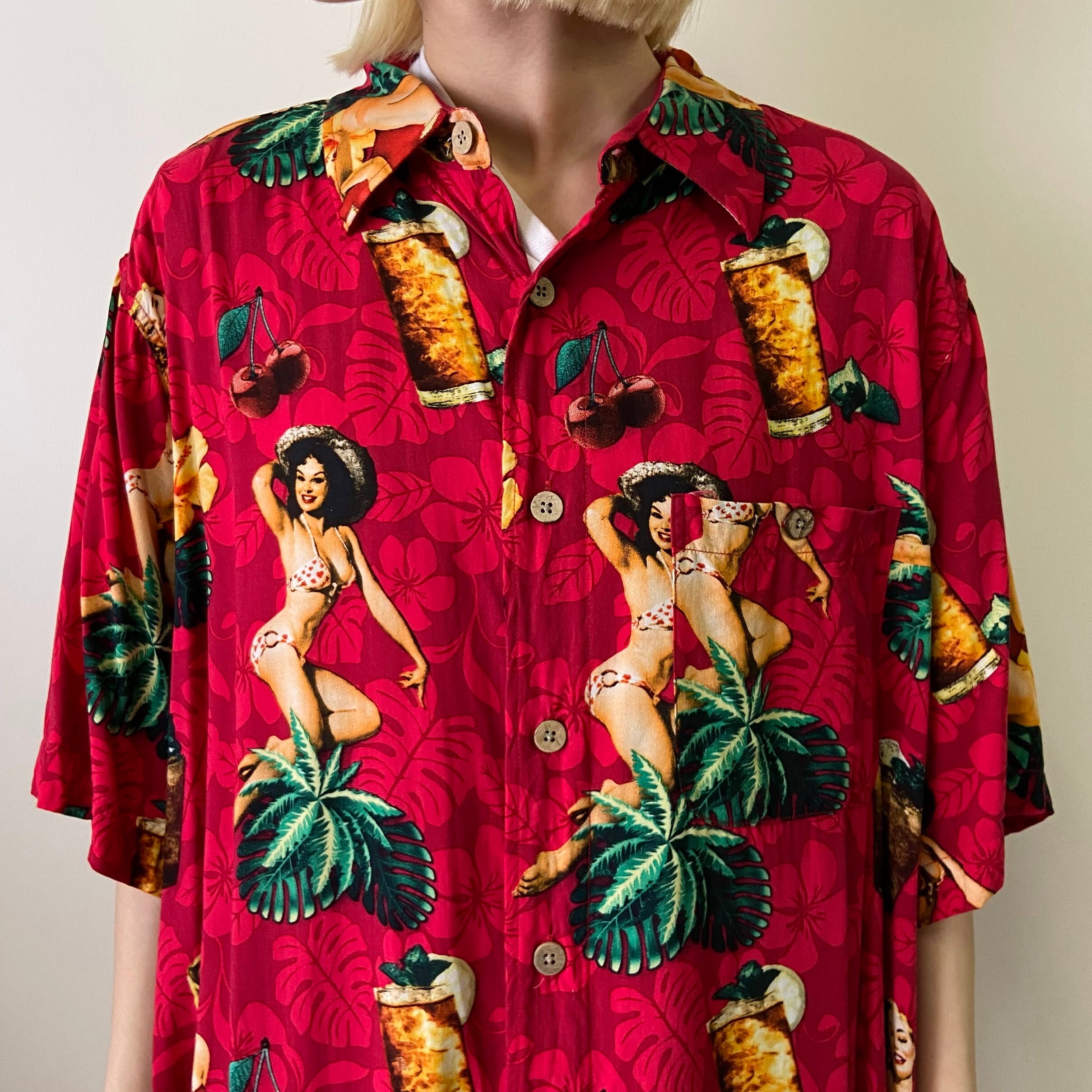 90s EDWIN 半袖アロハシャツ レーヨン 縮緬 Mサイズ レッド 926a3c07a7df4328a1608a172dd6d5