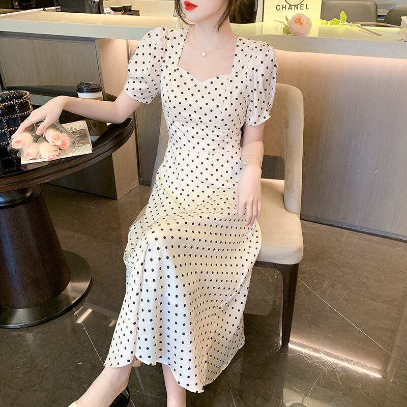 ワンピース スクエアネック 水玉 ロングワンピース ドット柄 ベージュ ブラック S M L Xl Dresszone ワンピース スクエアネック 水玉 ロングワンピース ドット柄 ベージュ ブラック S M L Xl Dresszone