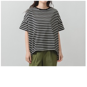 SALE！裾タックボーダートップスTシャツ/M-L/ブラック×オフ