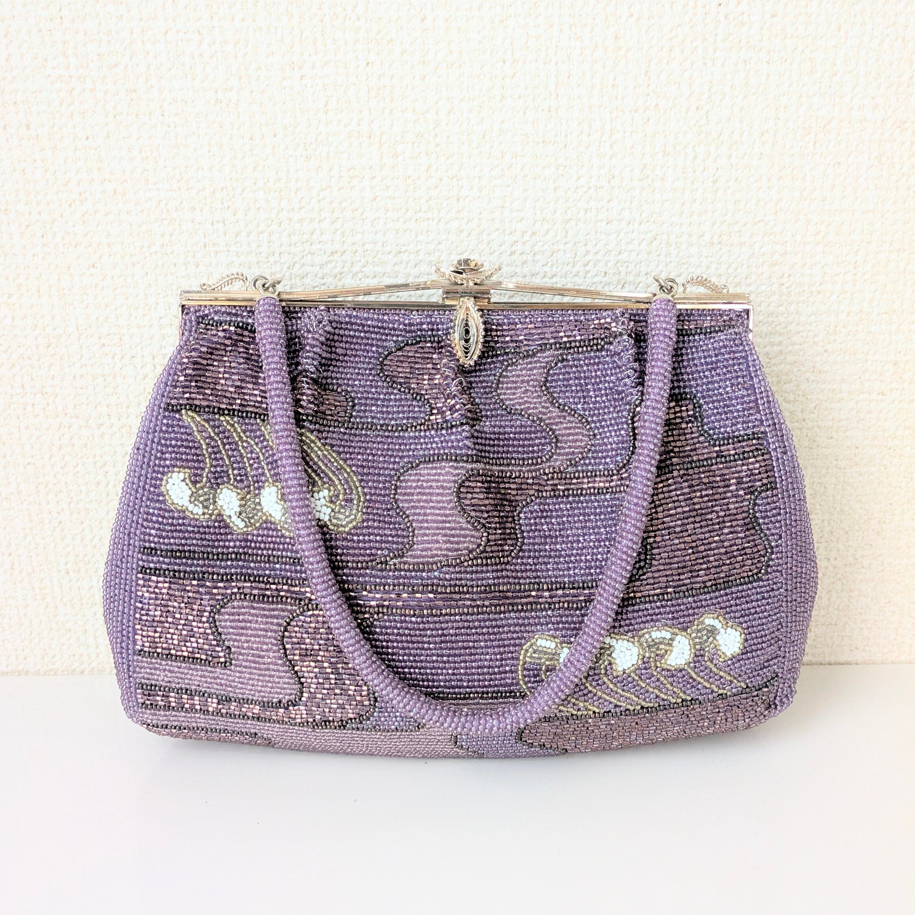Vintage】ビーズ刺繍バッグ 藤色 流水文 パーティーバッグ クラッチ