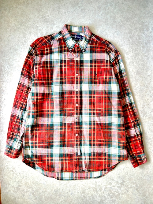90s Ralph Lauren タータンチェック 長袖ボタンダウン フランネルシャツ L レッド×グリーン インド製 ラルフローレン