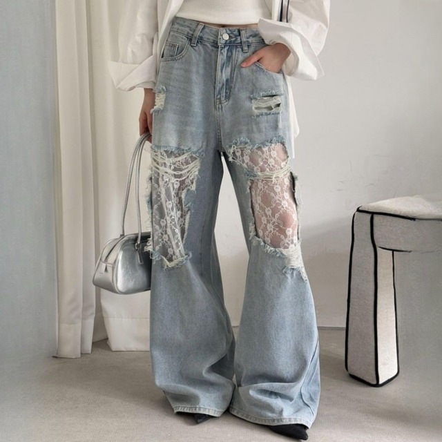 Damaged plus lace denim pants　V2078