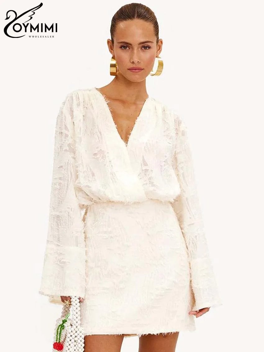 Oymimi ファッション白 V ネックの女性のドレスエレガントな長袖羽ドレスカジュアルハイウエストスリムストレートミニドレス女性