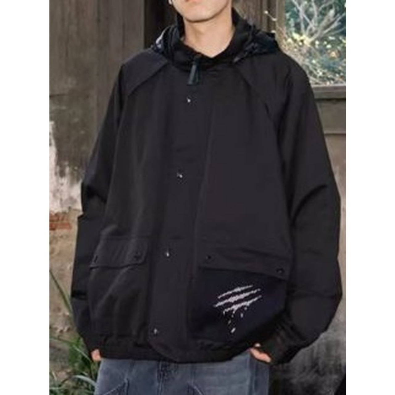 Hooded Patch Pocket Hip-Length Long Sleeve Jacket ◇2color H0849