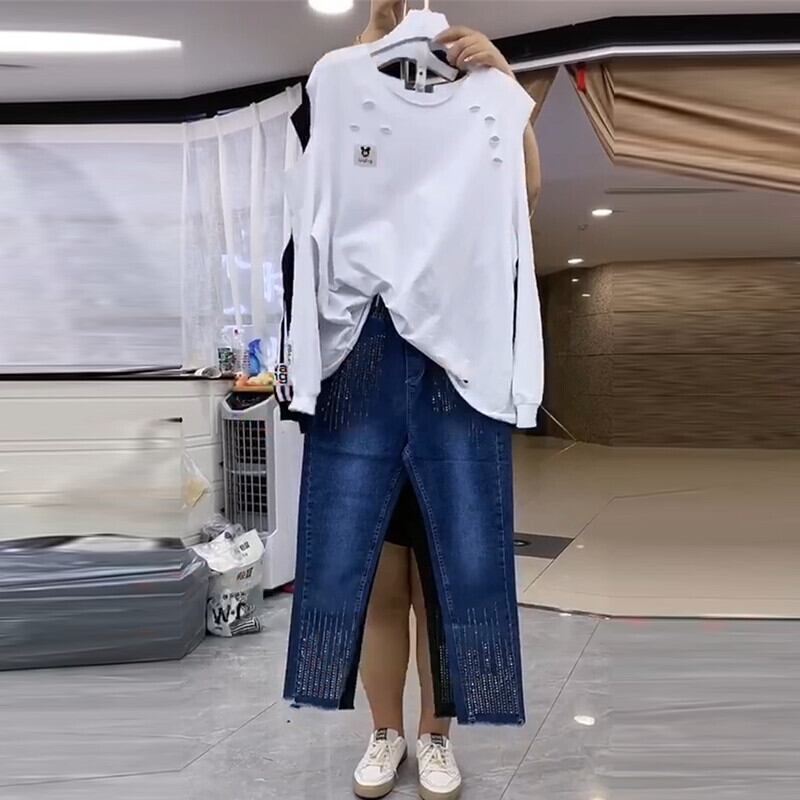 ラージサイズのストラップレス漫画長袖トップ2020秋の新しいファットmmルーズで薄いオールマッチTシャツレディースジーンズ ミックスインファッション78527874718