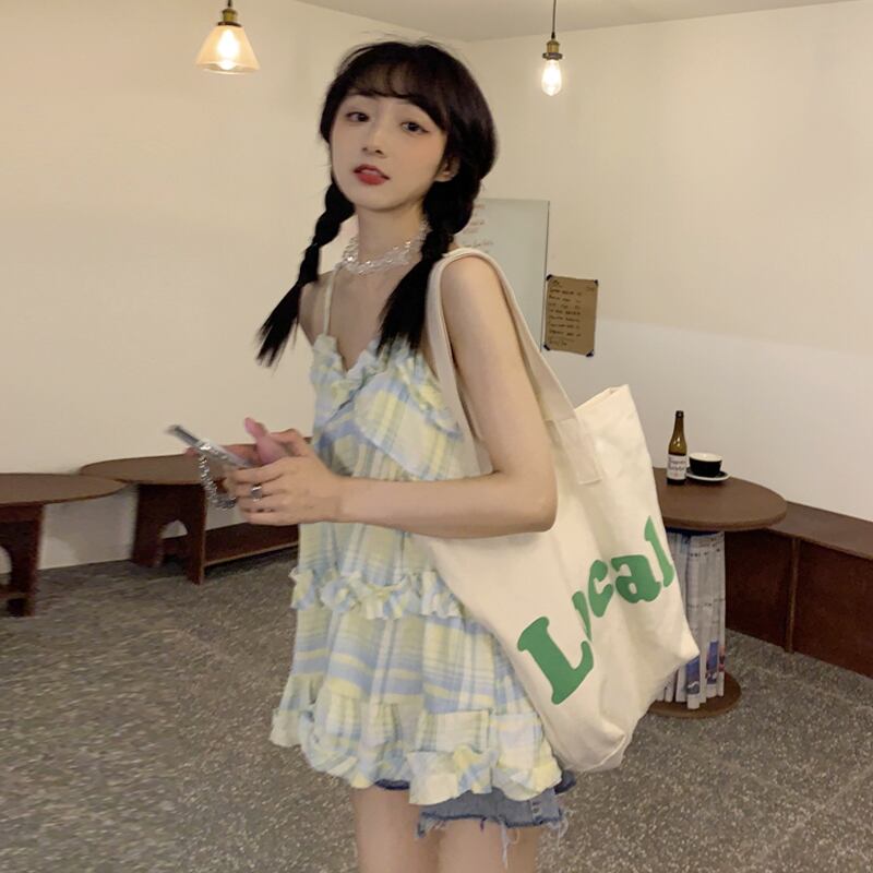 Vネック格子柄サマースタイルノースリーブバック 夏物 試着室17092873614