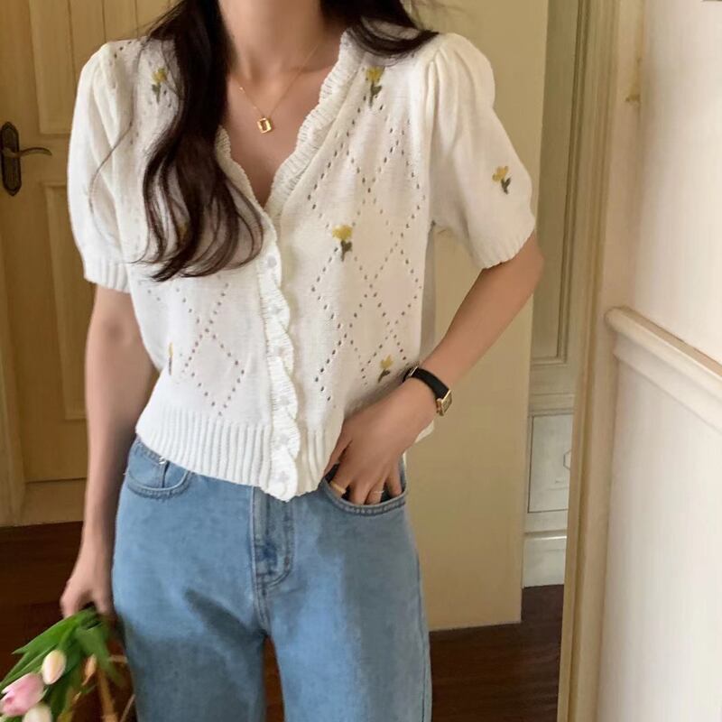 ニット トップス サマー薄手ホワイト半袖スリーブセーター カーディガン ショート ハーフスリーブ 夏物 ビッグFスモールZ韓国21873557291