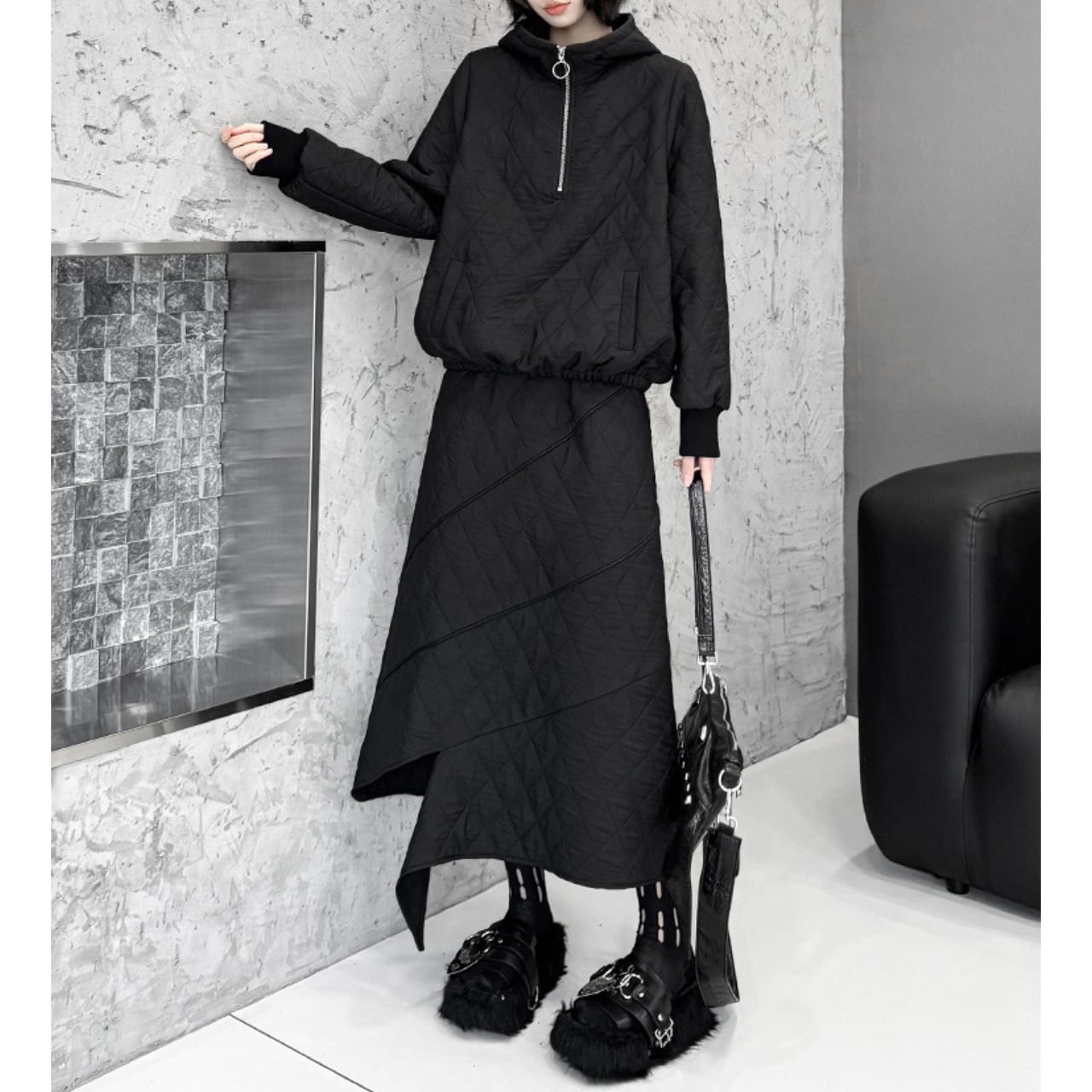 Quilted Asymmetrical Trapezoid Long Skirt 00223