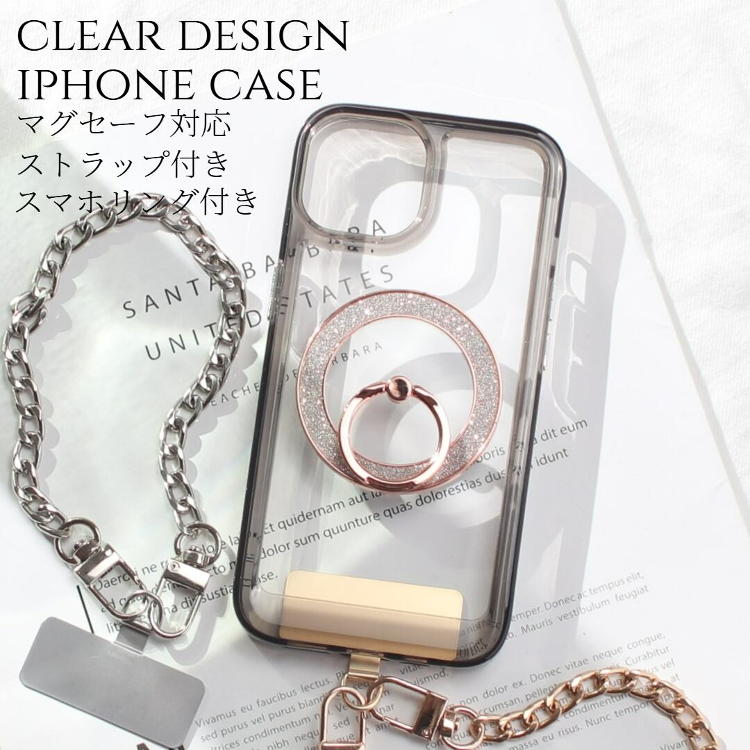 iphone ケース クリア リング付き iphone16 iphone15 iphone14 13 12 mini チェーン ストラップ magsafe マグセーフ マグネット アイフォン 16 15 14 SE 11 ショート ストラップ付き 16pro 15pro 14pro リング スタンド 13mini se3 se2 大人可愛い ラメ レディース 送料無料