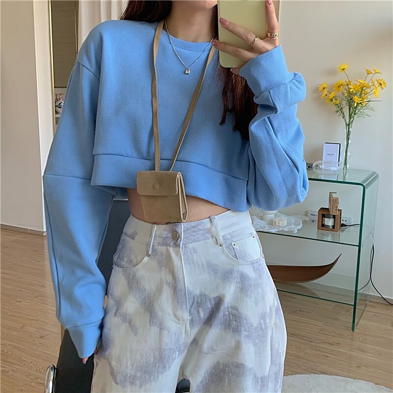 ショートルーズハイウエスト長袖セーターレディース2020年秋ニューイントレンディブルートップ ブラックストロベリース63587200085