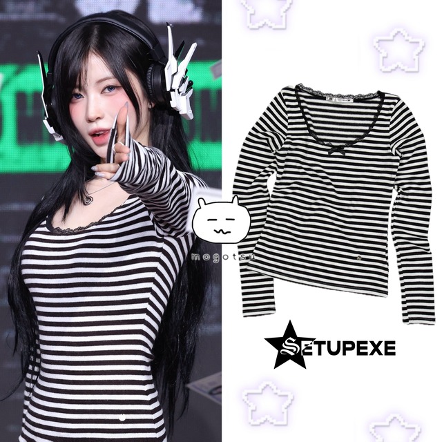 ★BABYMONSTER アサ 着用！！【SETUP-EXE】STRIPE LACE TOP / WHITE