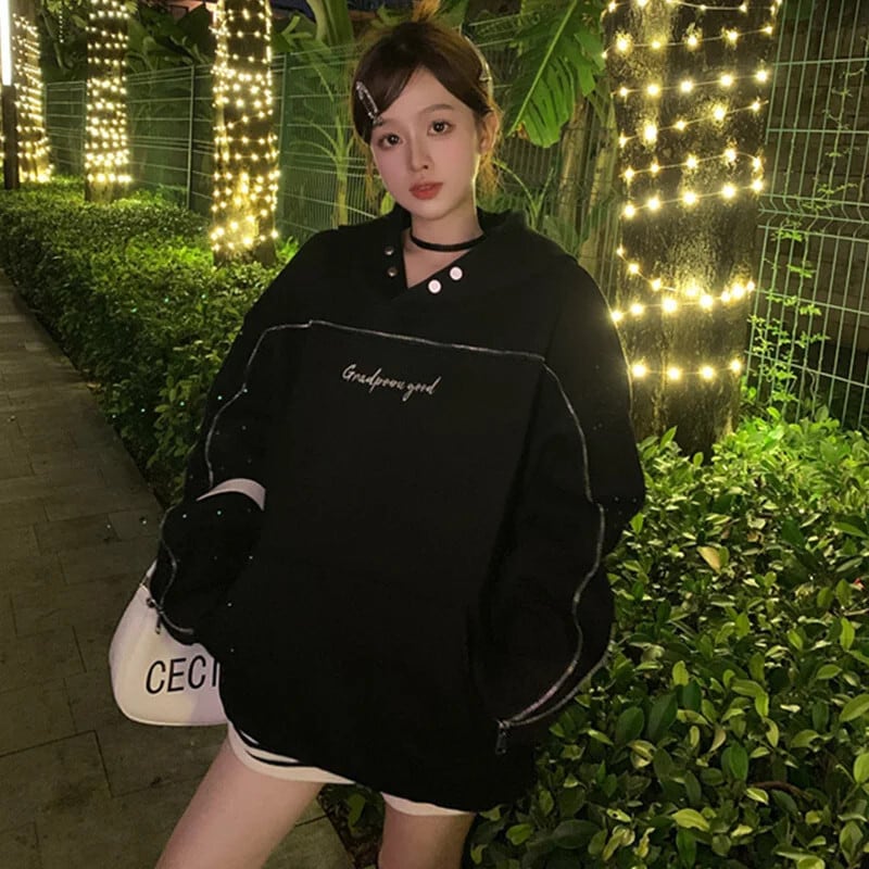 女性の Y2K 服ベージュレタープリントフード付き長袖秋だぶだぶの