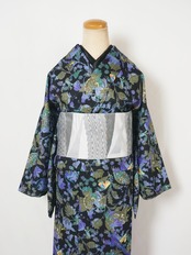 【受注商品】Rumi Rockキモノ「カメレオンの寄り道」黒地に青緑 　[A1719]