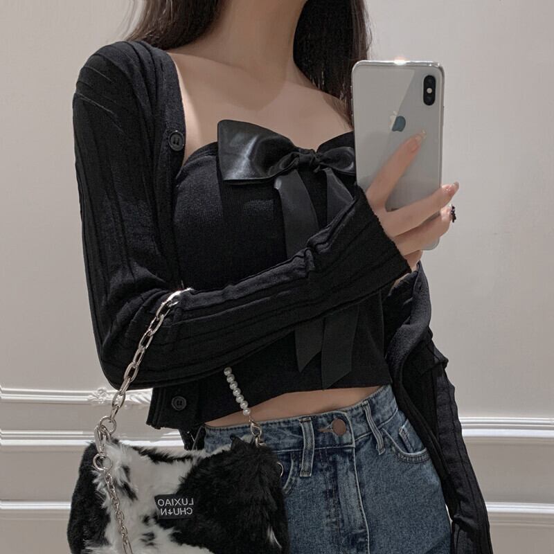 ブラックニットカーディガンオータムスリムセーター トップス ロング 秋物 ピュア ガールズファッション98727672441