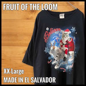 【FRUIT OF THE LOOM】猫 サンタ トナカイ アニマルプリント Tシャツ クリスマス  2XL ビッグサイズ オーバーサイズ us古着 アメリカ古着